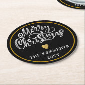 Schwarz-weiß Gold Frohe Weihnachten Runder Pappuntersetzer (Angewinkelt)