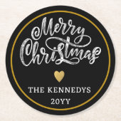 Schwarz-weiß Gold Frohe Weihnachten Runder Pappuntersetzer (Vorderseite)