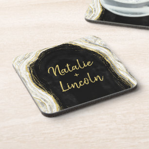 Schwarz Weiß & Gold Geode Achat Hochzeitsmonogramm Getränkeuntersetzer