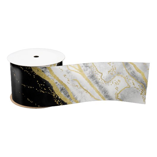 Schwarz-weiß & Gold Geode Agate Marble Wedding Satinband (Spule)