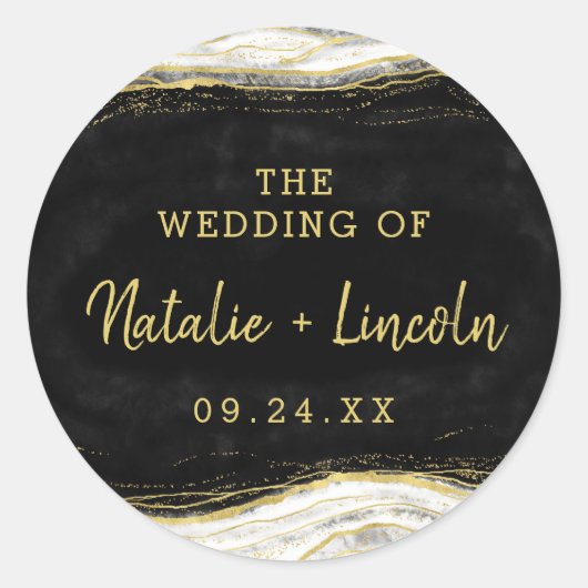 Schwarz-weiß & Gold Geode Agate Monogram Wedding Runder Aufkleber (Vorderseite)