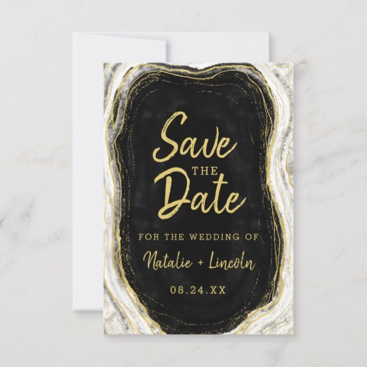 Schwarz-weiß & Gold Geode Agate Slice Marmor Moder Save The Date (Vorderseite)