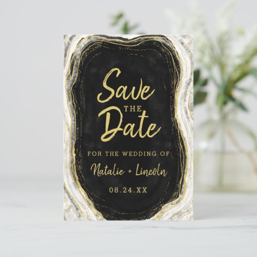 Schwarz-weiß & Gold Geode Agate Slice Marmor Moder Save The Date (Stehend Vorderseite)