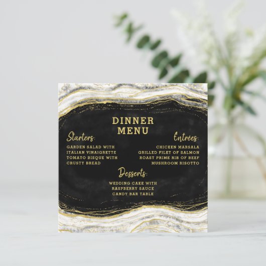 Schwarz-weiß & Gold Geode Agate Slice Square Abend Menükarte (Stehend Vorderseite)