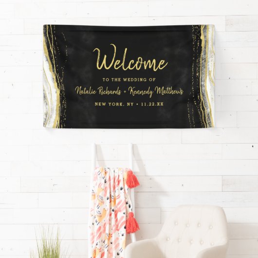 Schwarz-weiß & Gold Geode Agate Wedding Willkommen Banner (Insitu)