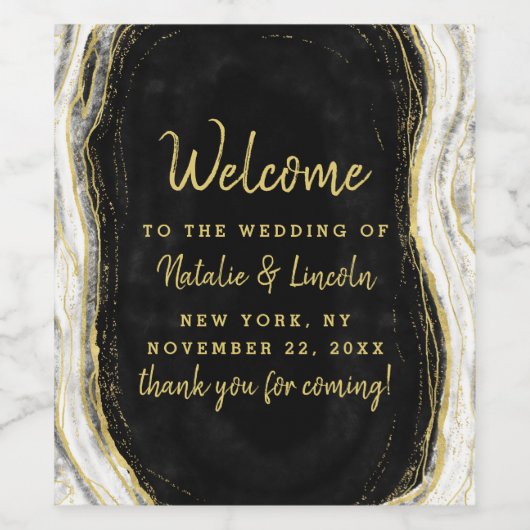 Schwarz-weiß & Gold Geode Agate Wedding Willkommen Weinetikett (Einzelnes Label)