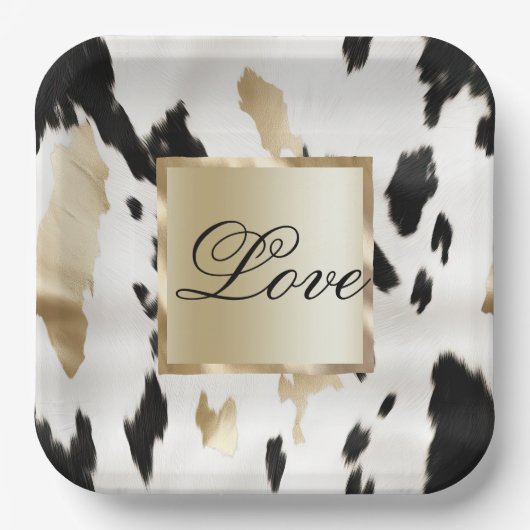 Schwarz-weiß Gold Glam Cowhide Südwest Hochzeit Pappteller (Vorderseite)
