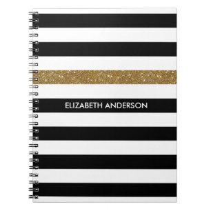 Schwarz Weiß Gold Glitter Streifen Name Notizblock