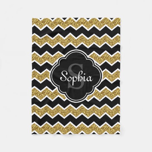 Schwarz-weiß Gold Glitzer Zickzack Muster Fleecedecke (Vorderseite)