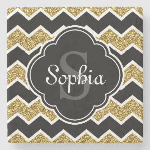 Schwarz-weiß Gold Glitzer Zickzack Muster Steinuntersetzer