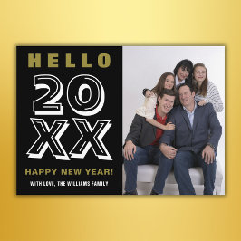 Schwarz-weiß Gold Hello Happy New Year Family Foto Feiertagskarte