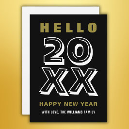 Schwarz-weiß Gold Hello Happy New Year Typografie Feiertagskarte
