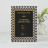 SCHWARZ-WEISS GOLD KARO BACHELOR PARTEI EINLADEN EINLADUNG (Stehend Vorderseite)
