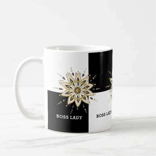 Schwarz-weiß & Gold Mandala Boss Lady Design Kaffeetasse (Links)