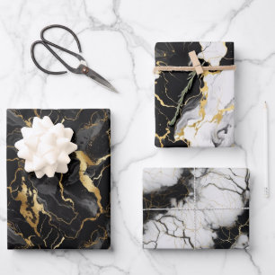 Schwarz-weiß Gold Marbel Mustergeschenk Geschenkpapier Set
