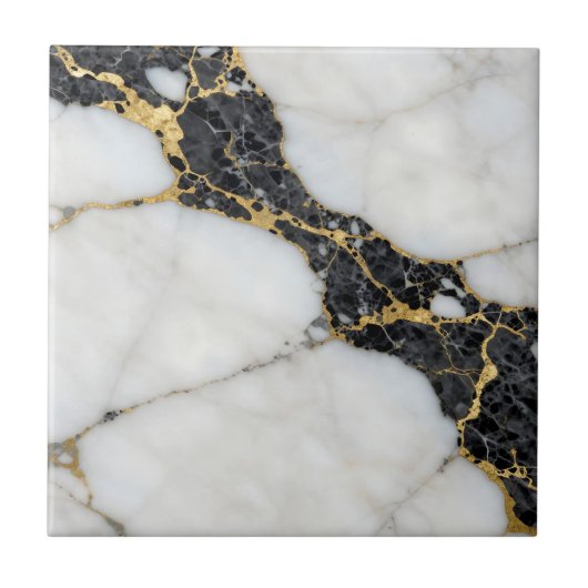 Schwarz Weiß Gold Marmor Luxus Fliese (Vorderseite)