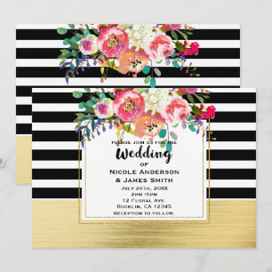 Schwarz Weiß Gold Modern Floral Glam Hochzeit Chic Einladung