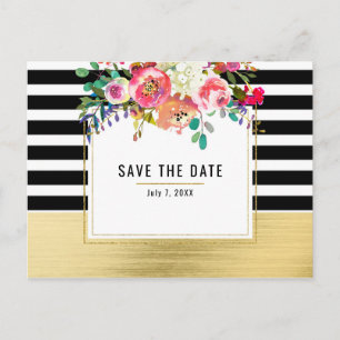 Schwarz Weiß Gold Modern Floral Glam Save the Date Ankündigungspostkarte