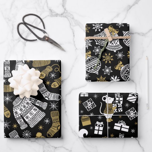 Schwarz-weiß Gold Moderne Weihnachten Geschenkpapier Set (Vorderseite)