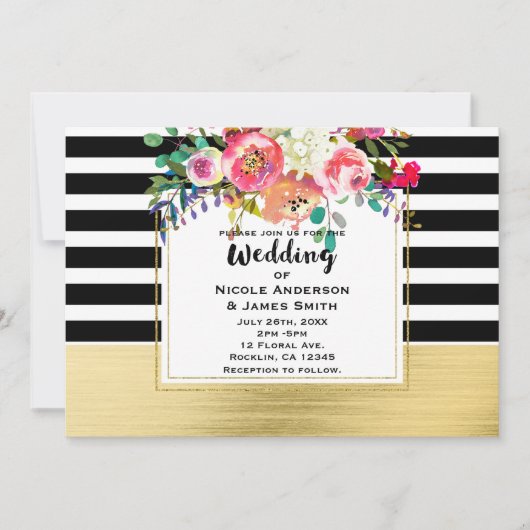 Schwarz-weiß Gold Moderner Blumenglam Hochzeitssch Einladung (Vorderseite)