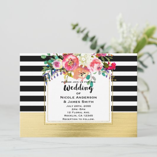Schwarz-weiß Gold Moderner Blumenglam Hochzeitssch Einladung (Stehend Vorderseite)