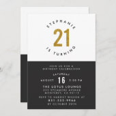 Schwarz-weiß & Gold Modernes 21. Geburtstag Party Einladung (Vorne/Hinten)