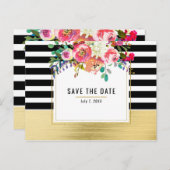 Schwarz-weiß Gold Modernes Blumenglam Save the Dat Ankündigungspostkarte (Vorne/Hinten)