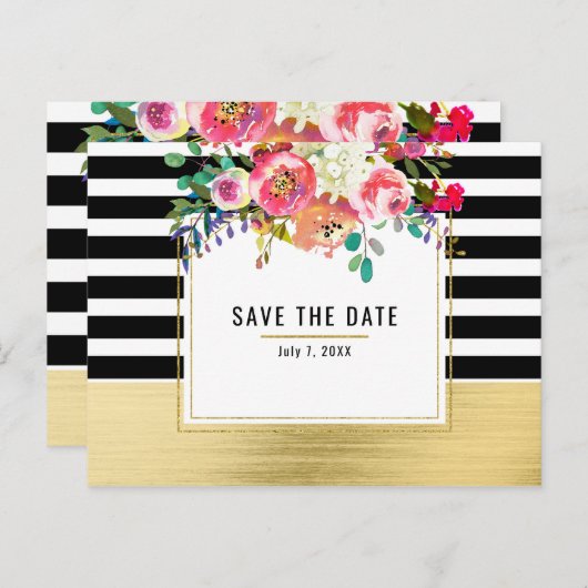 Schwarz-weiß Gold Modernes Blumenglam Save the Dat Ankündigungspostkarte (Vorne/Hinten)