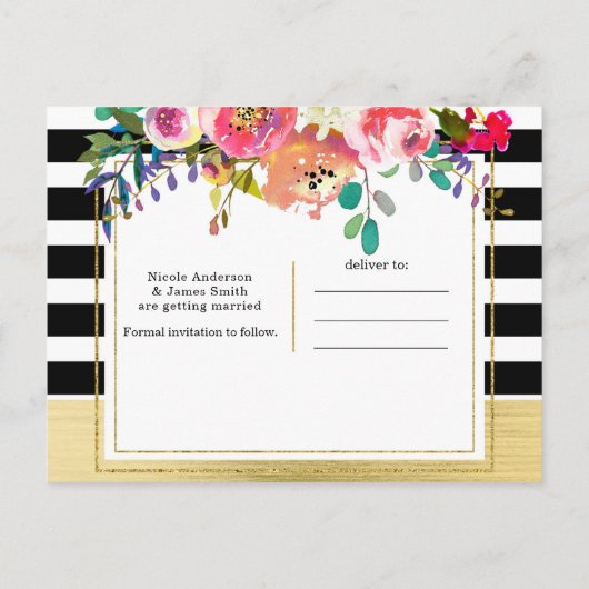 Schwarz-weiß Gold Modernes Blumenglam Save the Dat Ankündigungspostkarte (Rückseite)