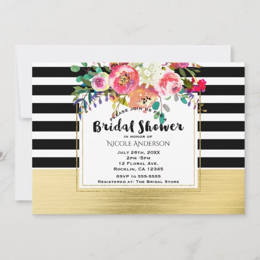 Schwarz-weiß Gold Modernes Brautparty für Blumengl Einladung (Vorderseite)