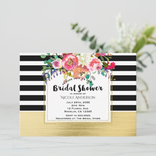 Schwarz-weiß Gold Modernes Brautparty für Blumengl Einladung (Stehend Vorderseite)