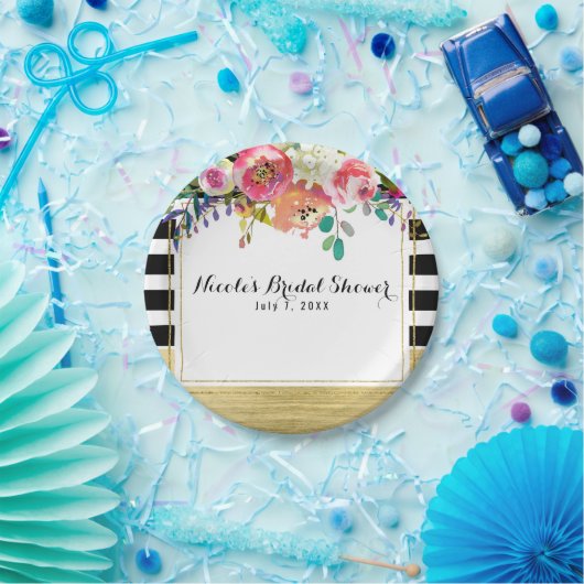 Schwarz-weiß Gold Modernes Brautparty für Blumengl Pappteller (Party)