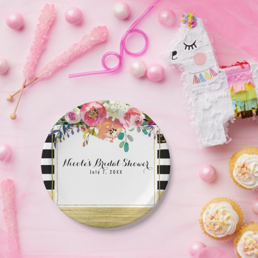 Schwarz-weiß Gold Modernes Brautparty für Blumengl Pappteller (Party)