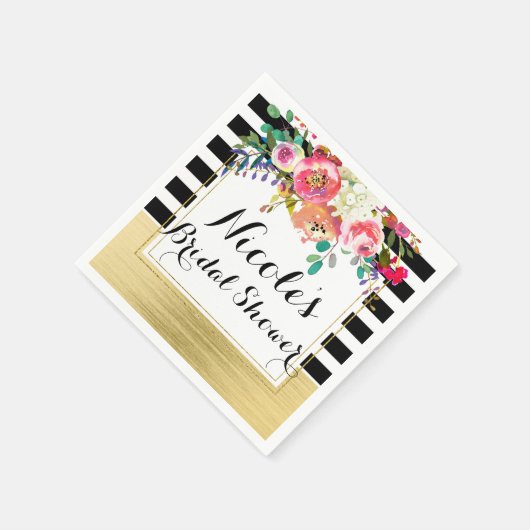 Schwarz-weiß Gold Modernes Brautparty für Blumengl Serviette (Ecke)