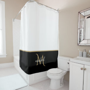 Schwarz   Weiß & Gold Monogramm Eleganter Luxus Duschvorhang