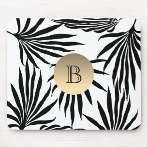 Schwarz Weiß Gold Monogramm, Tropischer Palmbaum Mousepad