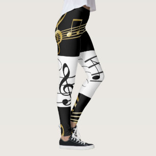 Schwarz Weiß Gold Musiknoten Leggings
