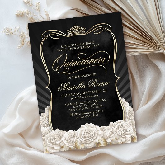 Schwarz-weiß Gold Quinceañera Einladung