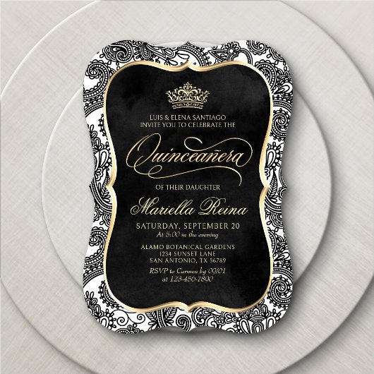 Schwarz-weiß Gold Quinceañera Einladung