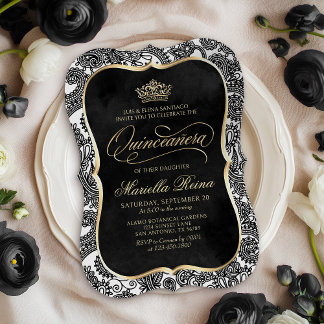 Schwarz-weiß Gold Quinceañera Einladung