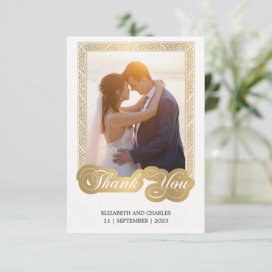 Schwarz-Weiß-Gold-Rahmen-Hochzeitszettel Dankeskarte (Stehend Vorderseite)