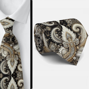 Schwarz Weiß Gold Spitze Paisley Diamant Krawatte