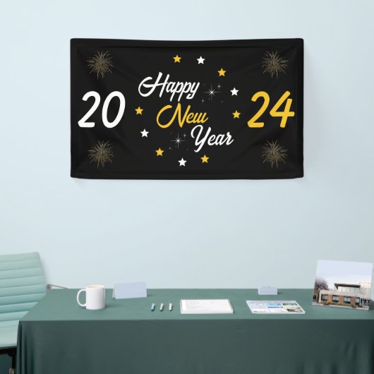 Schwarz-weiß & Gold Star Frohes Neues Jahr 2024 Banner (Messeveranstaltung)