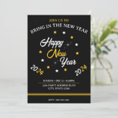 Schwarz-weiß & Gold Star Frohes Neues Jahr 2024 Einladung (Stehend Vorderseite)