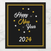 Schwarz-weiß & Gold Star Frohes Neues Jahr 2024 Weinetikett (Einzelnes Label)
