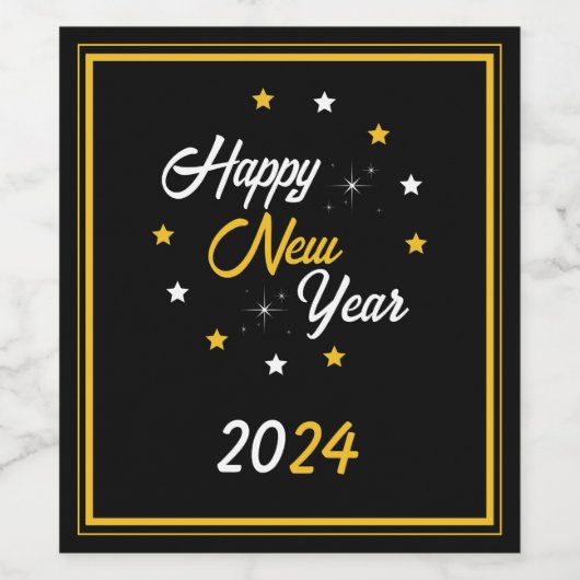 Schwarz-weiß & Gold Star Frohes Neues Jahr 2024 Weinetikett (Einzelnes Label)