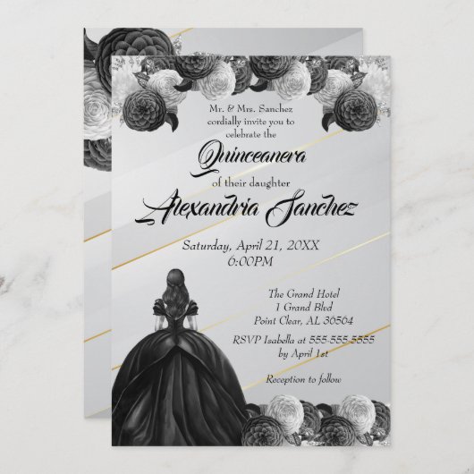 Schwarz-Weiß-Gold-Strickblume Quinceanera Einladung (Vorne/Hinten)