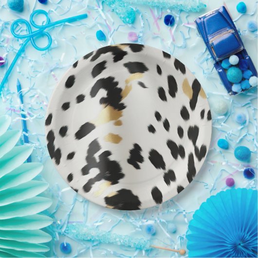 Schwarz-weiß Gold Western Cowhide Pappteller (Party)