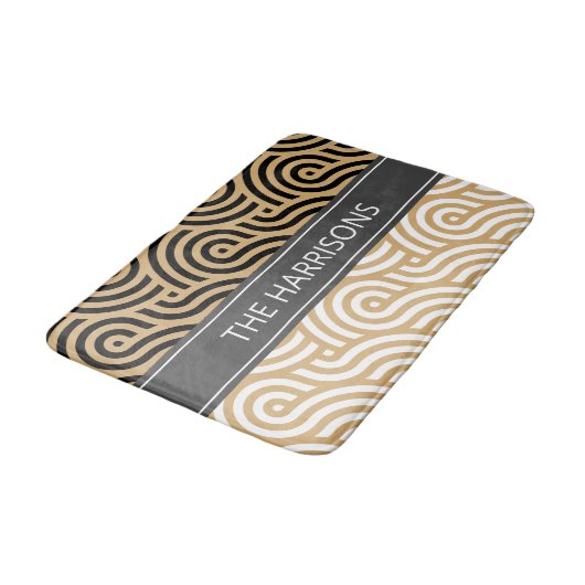 Schwarz-Weiß-Golden Sea-Wave-Muster Badematte (Schrägansicht)