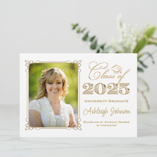 Schwarz, Weiß, Goldklasse 2025 Foto Abschluss Einladung (Stehend Vorderseite)